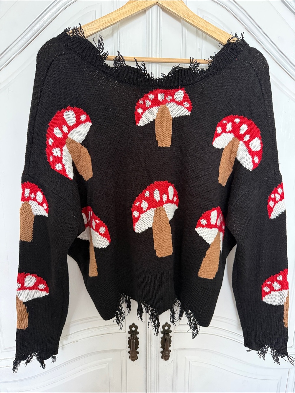 Just Polly NY Mushroom Distressed Knit Sweater Black Red Edgy Whimsygoth Size M - Picture 3 of 7